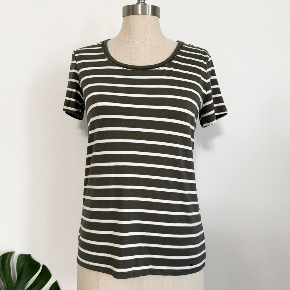 Tommy Hilfiger Olive Green & White Striped Round Neck T-Shirt Womens Size Small